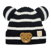 BABY Striped Teddy Bear Double Pom C.C Beanie BBHTS4428: Black