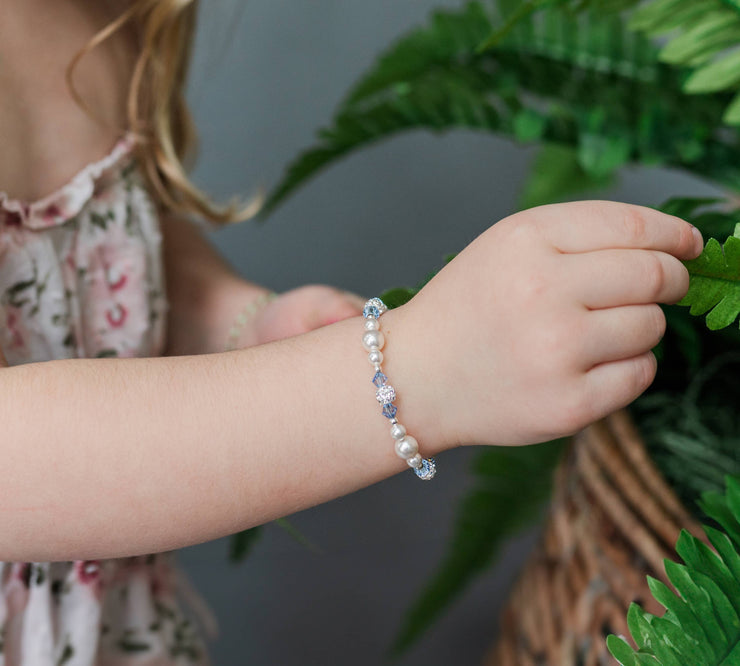 Girls Sterling Silver Pearl Blue Crystal Elsa Kids Bracelet: Large 6-12 Years