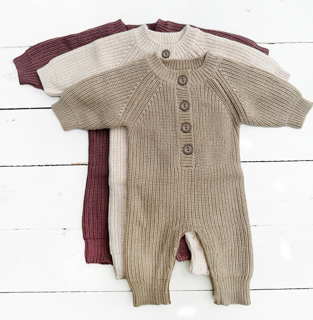 Baby Knit romper Button front Jumpsuit w/ zipper | Harper: Tan / 0-3m