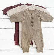 Baby Knit romper Button front Jumpsuit w/ zipper | Harper: Tan / 6-12m