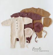 Baby Knit romper Button front Jumpsuit w/ zipper | Harper: Tan / 3-6m