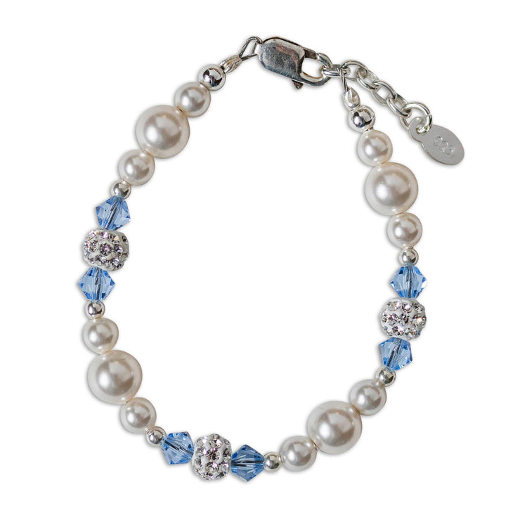 Girls Sterling Silver Pearl Blue Crystal Elsa Kids Bracelet: Small 0-12m