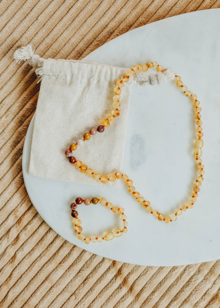 Raw Honey Baltic Amber + Mookaite Jasper || Necklace: 11" Baby Necklace