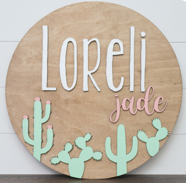 Sugar + Maple Round Personalized Name Sign | Cactus