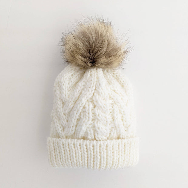 Winter White Pop Pom Pom Beanie Hat Baby & Kids: M (6-24 months)