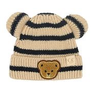 BABY Striped Teddy Bear Double Pom C.C Beanie BBHTS4428: Beige