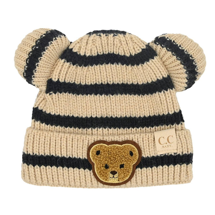 BABY Striped Teddy Bear Double Pom C.C Beanie BBHTS4428: Black