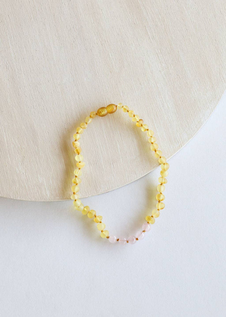 Raw Honey Baltic Amber + Rose Quartz || Necklace: 12" Baby || Child Necklace