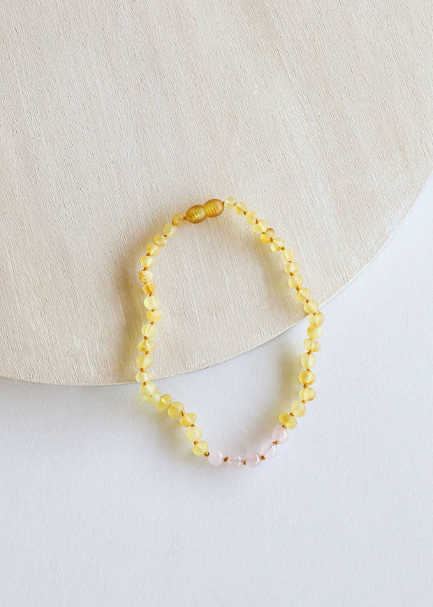 Raw Honey Baltic Amber + Rose Quartz || Necklace: 11" Baby Necklace