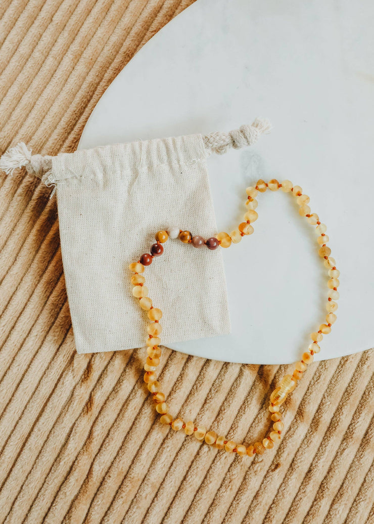 Raw Honey Baltic Amber + Mookaite Jasper || Necklace: 11" Baby Necklace