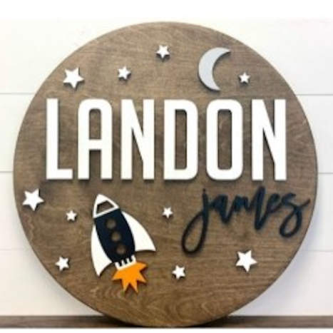 Sugar + Maple Round Personalized Name Sign | Space Ship