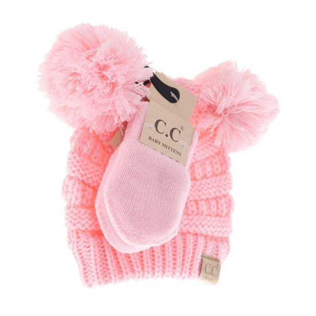 BABY Solid Knit Double Pom C.C Beanie with Mitten SET BABYSE